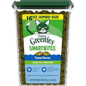 Greenies Feline SmartBites Healthy Indoor Natural Tuna Flavor Soft & Crunchy Adult Cat Treats, 16-oz tub