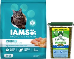 Iams ProActive Health Indoor Weight & Hairball Care Dry Food, 16-lb bag + Greenies Feline Greenies Smartbites Healthy Indoor Tuna Flavored Cat Treats