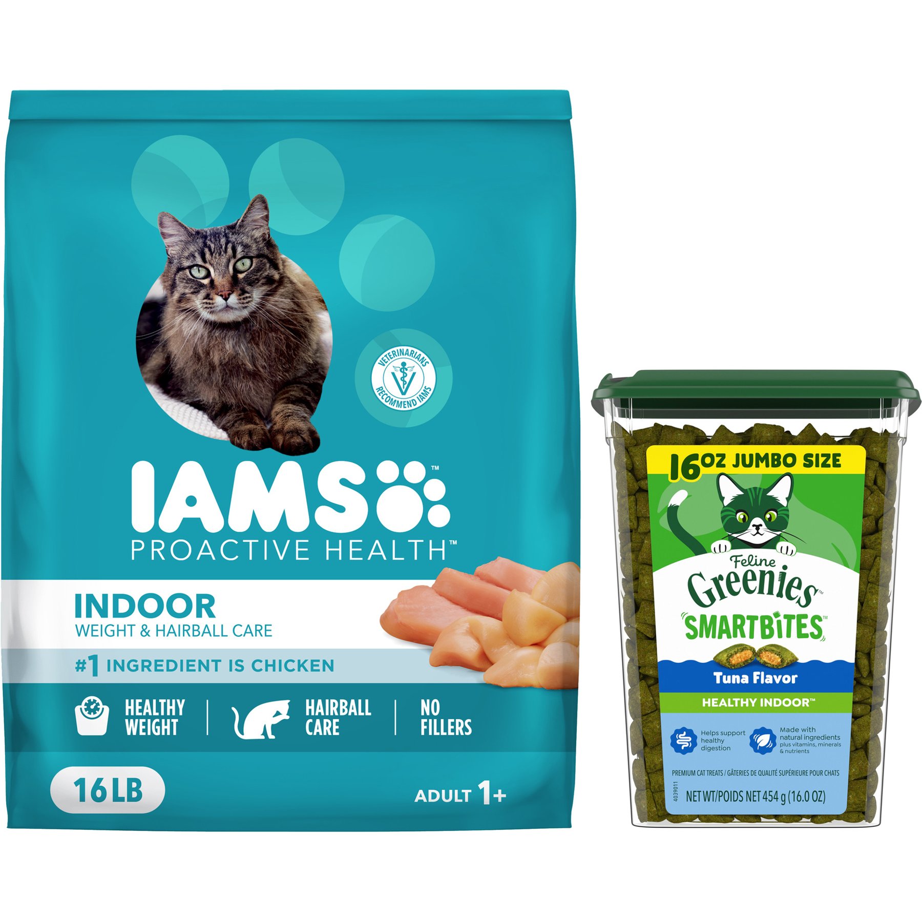Iams ProActive Health Indoor Weight & Hairball Care Dry Food, 16-lb bag + Greenies Feline Greenies Smartbites Healthy Indoor Tuna Flavored Cat Treats