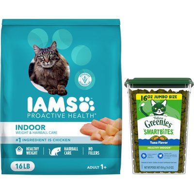 Iams Iams ProActive Health Indoor Weight & Hairball Care Dry Food, 16-lb bag + Greenies Feline Greenies Smartbites Healthy Indoor Tuna Flavored Cat Treats