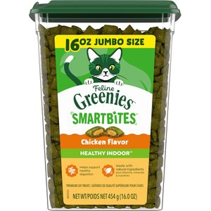 Greenies Feline SmartBites Healthy Indoor Natural Chicken Flavor Soft & Crunchy Adult Cat Treats, 16-oz tub