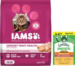 Iams ProActive Health Urinary Tract Health with Chicken Adult Dry Cat Food, 16-lb bag + Greenies Feline SmartBites Healthy Skin & Fur Chicken Flavor Cat Treats, 4.6-oz bag