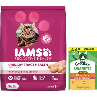 Iams Iams ProActive Health Urinary Tract Health with Chicken Adult Dry Cat Food, 16-lb bag + Greenies Feline SmartBites Healthy Skin & Fur Chicken Flavor Cat Treats, 4.6-oz bag