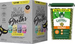 Greenies Feline Oven Roasted Chicken Flavor Adult Dental Cat Treats, 9.75-oz tub + Tiki Cat Broths Variety Pack Grain-free Wet Cat Food Topper, 1.3-oz pouch, case of 12
