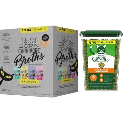 Greenies Greenies Feline Oven Roasted Chicken Flavor Adult Dental Cat Treats, 9.75-oz tub + Tiki Cat Broths Variety Pack Grain-free Wet Cat Food Topper, 1.3-oz pouch, case of 12