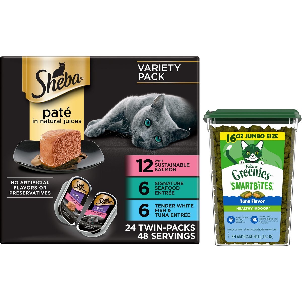 Sheba Perfect Portions Seafood Pate Grain-Free Food Trays + Greenies Feline Greenies Smartbites Healthy Indoor Tuna Flavored Cat Treats