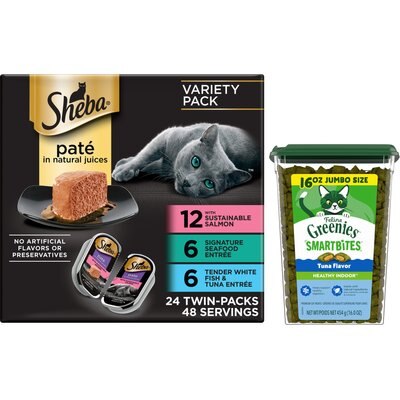 Sheba Sheba Perfect Portions Seafood Pate Grain-Free Food Trays + Greenies Feline Greenies Smartbites Healthy Indoor Tuna Flavored Cat Treats