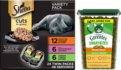 Sheba Perfect Portions Grain-Free Multipack Roasted Chicken, Gourmet Salmon & Tender Turkey Cuts in Gravy Food Trays + Greenies Feline Smartbites Healthy Indoor Chicken Flavored Cat Treats