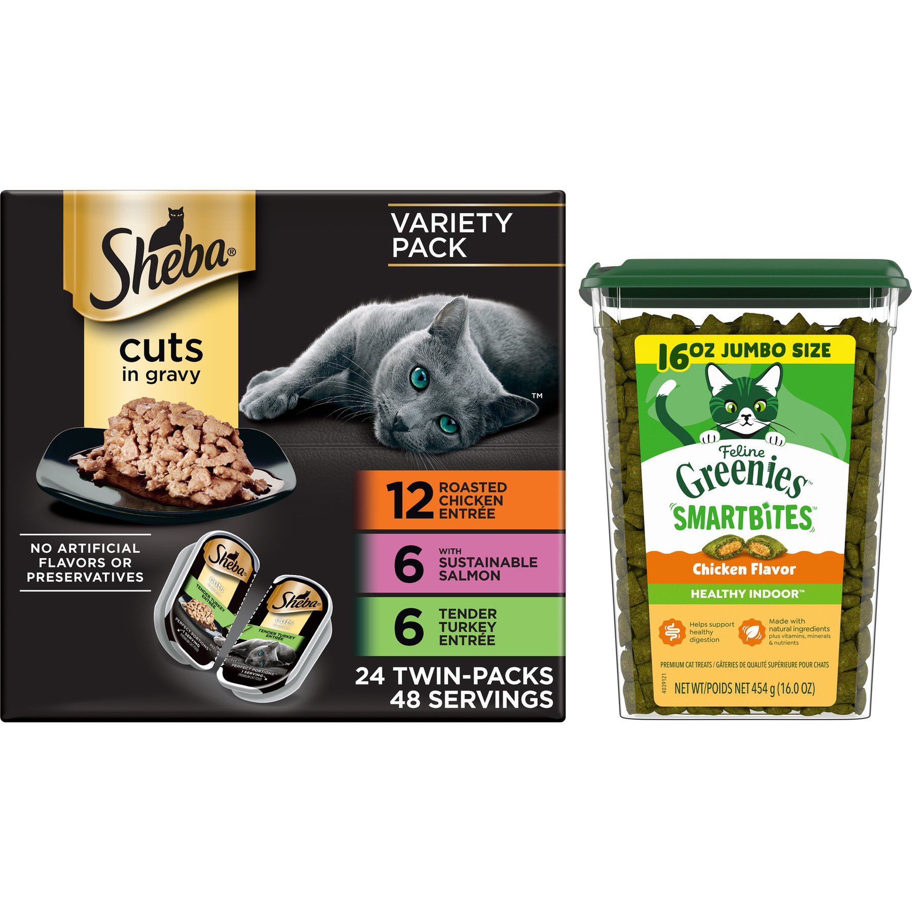 Sheba Perfect Portions Grain-Free Multipack Roasted Chicken, Gourmet Salmon & Tender Turkey Cuts in Gravy Food Trays + Greenies Feline Smartbites Healthy Indoor Chicken Flavored Cat Treats