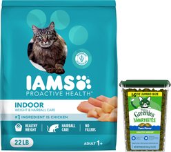 Iams ProActive Health Indoor Weight & Hairball Care Dry Food, 22-lb bag + Greenies Feline Greenies Smartbites Healthy Indoor Tuna Flavored Cat Treats