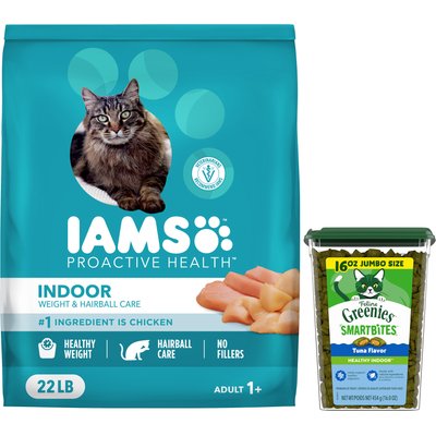 Iams Iams ProActive Health Indoor Weight & Hairball Care Dry Food, 22-lb bag + Greenies Feline Greenies Smartbites Healthy Indoor Tuna Flavored Cat Treats
