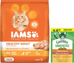 Iams ProActive Health Healthy Adult Original with Chicken Dry Food + Greenies Feline SmartBites Healthy Skin & Fur Chicken Flavor Cat Treats
