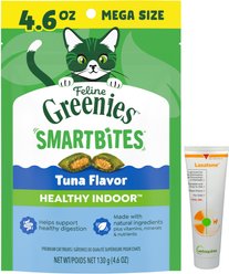 Vetoquinol Laxatone Lubricant for Hairballs Maple Flavor Cat Oral Gel, 4.25-oz tube & Greenies Feline SmartBites Healthy Indoor Tuna Flavor Cat Treats, 4.6-oz bag
