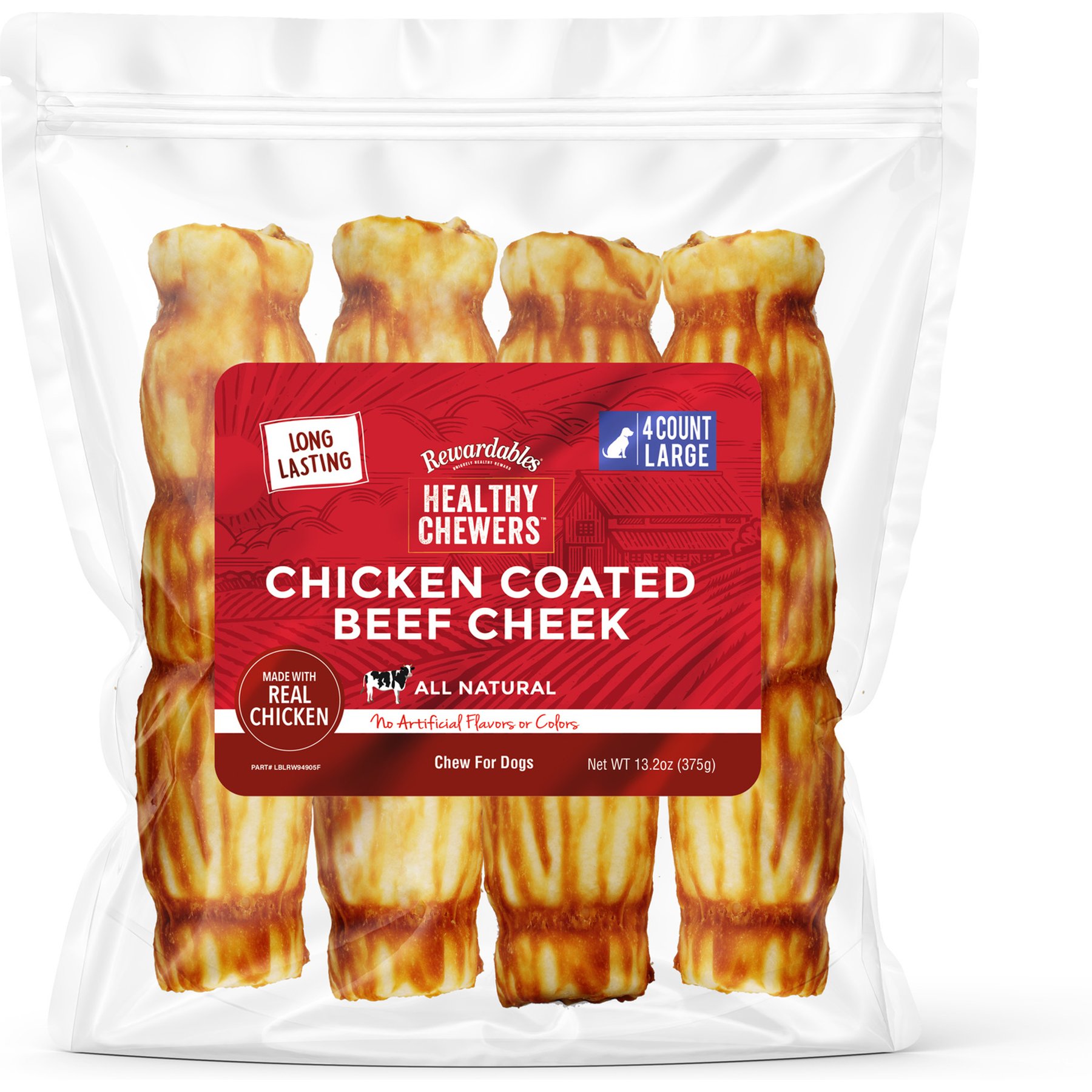 Rewardables Large Chicken Coated Beef Cheek Rolls Dog Natural Chew Treats, 4 count