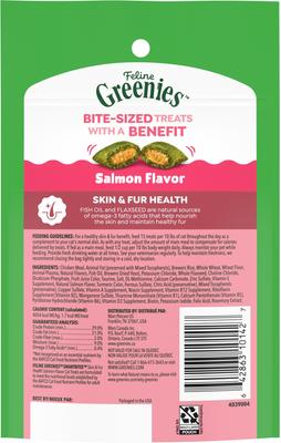 Show full view: Greenies Feline SmartBites Healthy Skin & Fur Natural Salmon Flavor Soft & Crunchy Adult Cat Treats, 2.1-oz bag slide 4 of 13