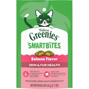 Greenies Feline SmartBites Healthy Skin & Fur Natural Salmon Flavor Soft & Crunchy Adult Cat Treats, 2.1-oz bag