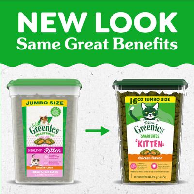 Show full view: Greenies Smartbites Kitten Chicken Flavor Cat Crunchy Treat, 16-oz tub slide 3 of 11