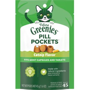 Greenies Pill Pockets Feline Catnip Flavor Natural Soft Adult Cat Treats, 1.6-oz pouch, 45 count