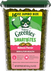 Greenies Feline SmartBites Healthy Skin & Fur Natural Salmon Flavor Soft & Crunchy Adult Cat Treats, 16-oz tub slide 1 of 9
