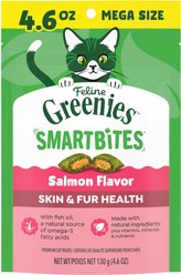 Greenies Feline SmartBites Healthy Skin & Fur Natural Salmon Flavor Soft & Crunchy Adult Cat Treats, 4.6-oz bag