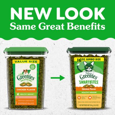 Show full view: Greenies Feline SmartBites Healthy Indoor Natural Chicken Flavor Soft & Crunchy Adult Cat Treats, 16-oz tub slide 3 of 11