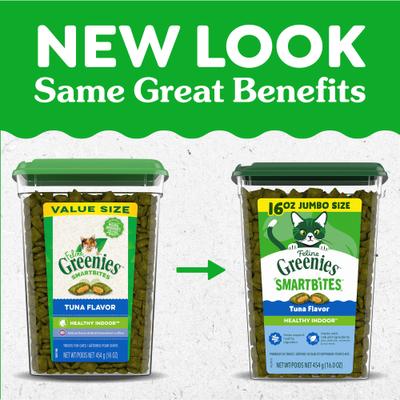 Show full view: Greenies Feline SmartBites Healthy Indoor Natural Tuna Flavor Soft & Crunchy Adult Cat Treats, 16-oz tub slide 3 of 10