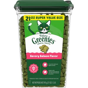 Greenies Feline Savory Salmon Flavor Adult Natural Dental Cat Treats, 21-oz tub
