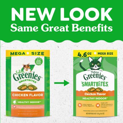 Show full view: Greenies Feline SmartBites Healthy Indoor Natural Chicken Flavor Soft & Crunchy Adult Cat Treats, 4.6-oz bag slide 3 of 11