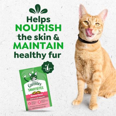Show full view: Greenies Feline SmartBites Healthy Skin & Fur Natural Salmon Flavor Soft & Crunchy Adult Cat Treats, 2.1-oz bag slide 9 of 13