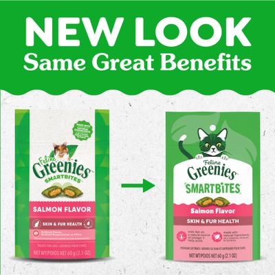 Show full view: Greenies Feline SmartBites Healthy Skin & Fur Natural Salmon Flavor Soft & Crunchy Adult Cat Treats, 2.1-oz bag slide 3 of 13