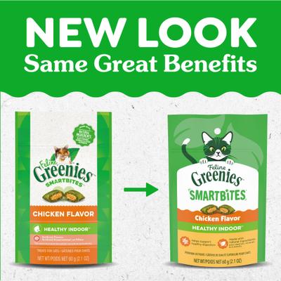 Show full view: Greenies Feline SmartBites Healthy Indoor Natural Chicken Flavor Soft & Crunchy Adult Cat Treats, 2.1-oz bag slide 3 of 11