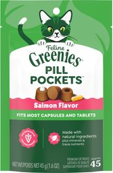 Greenies Pill Pockets Feline Natural Salmon Flavor Soft Adult Cat Treats, 45 count
