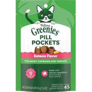 Greenies Pill Pockets Feline Natural Salmon Flavor Soft Adult Cat Treats, 45 count