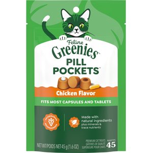 Greenies Pill Pockets Feline Chicken Flavor Natural Soft Adult Cat Treats, 1.6-oz bag, 45 count