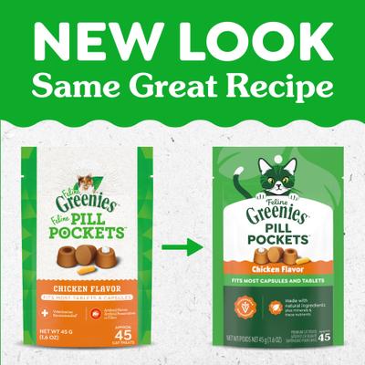 Show full view: Greenies Pill Pockets Feline Chicken Flavor Natural Soft Adult Cat Treats, 1.6-oz bag, 45 count slide 3 of 11