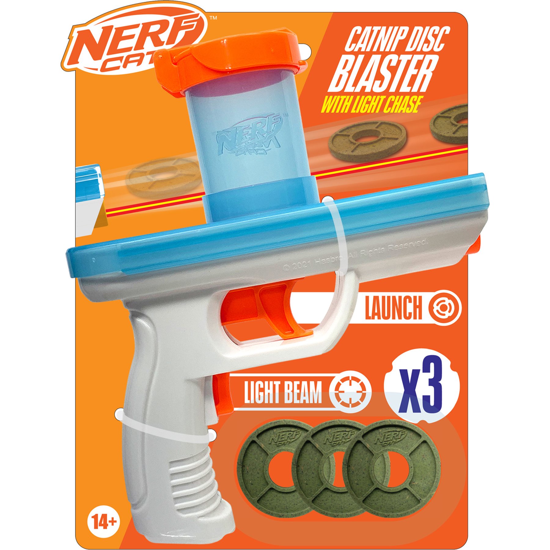 Nerf Cat Catnip Blaster with 3 Catnip Discs Cat Toy, Blue/Orange, 7.9-in