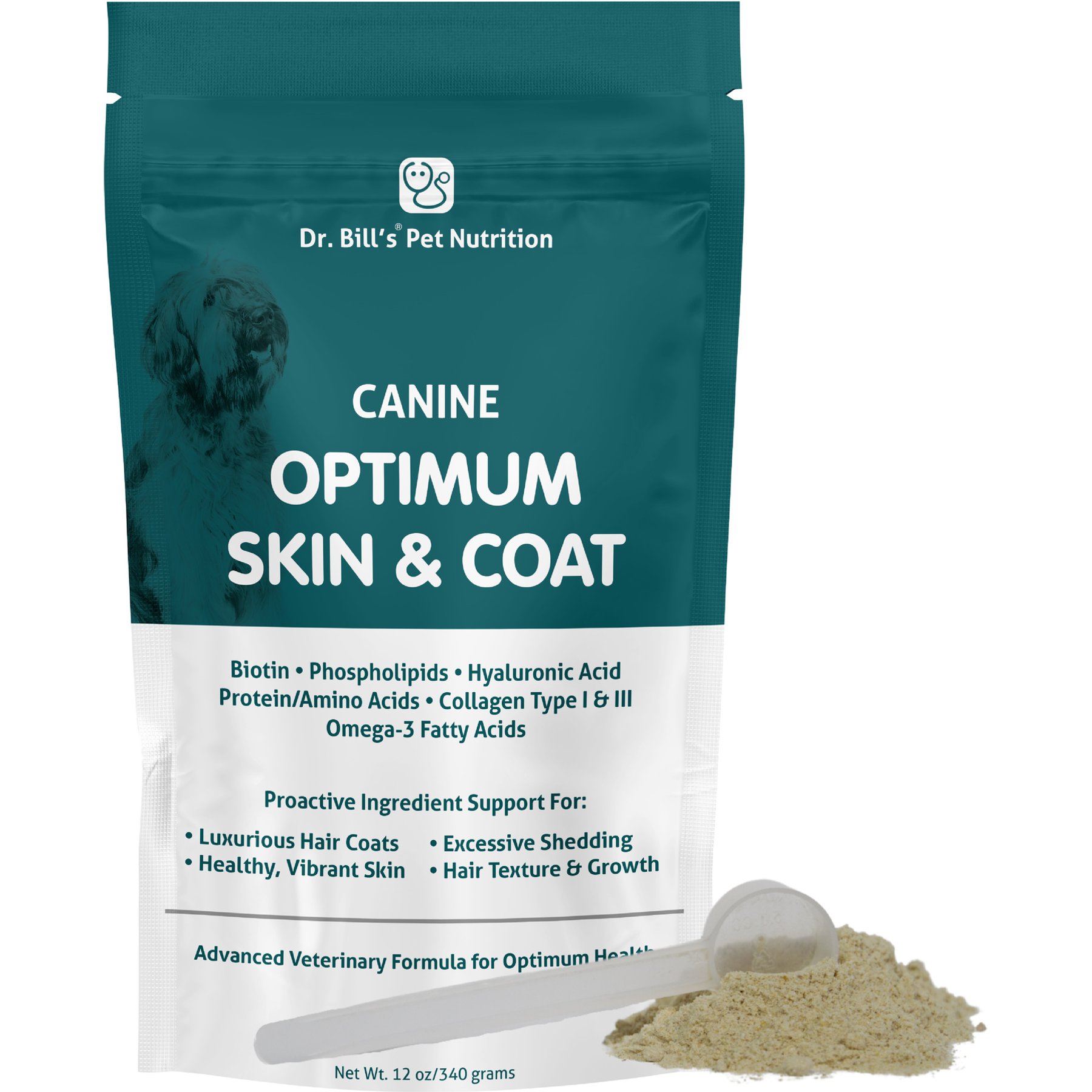 Dr. Bill's Pet Nutrition Canine Optimum Skin & Coat Dog Supplement Powder, 340-gm pouch