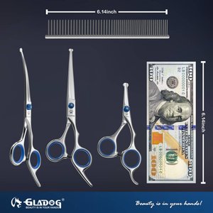 GLADOG Professional 6-in-1 Dog, Cat & Small Pet Grooming Scissors Kit with Grooming Comb, Blue, 6-in, 5 count