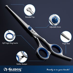 GLADOG Professional 6-in-1 Dog, Cat & Small Pet Grooming Scissors Kit with Grooming Comb, Blue, 6-in, 5 count