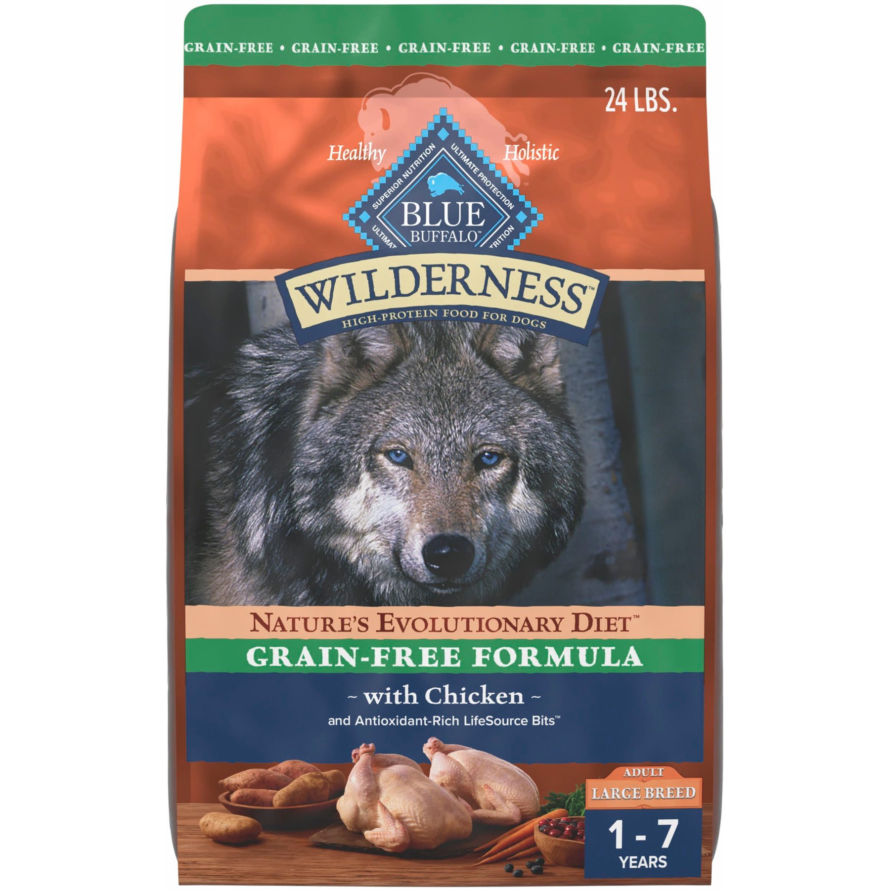 Blue Buffalo Wilderness Natural 32% Protein Adult Grain-Free Chicken Dry Dog Food, 24-lb bag