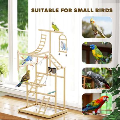 Show full view: PawHut Playground 4 Layer Wooden Parrot Play Stand with Ladders, Chain Toy, Stainless Steel Cups & Tray, Natural Wood, 18.9 x 15 x 37.4-in slide 7 of 9