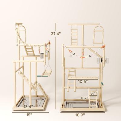 Show full view: PawHut Playground 4 Layer Wooden Parrot Play Stand with Ladders, Chain Toy, Stainless Steel Cups & Tray, Natural Wood, 18.9 x 15 x 37.4-in slide 3 of 9