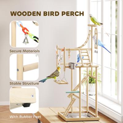 Show full view: PawHut Playground 4 Layer Wooden Parrot Play Stand with Ladders, Chain Toy, Stainless Steel Cups & Tray, Natural Wood, 18.9 x 15 x 37.4-in slide 4 of 9