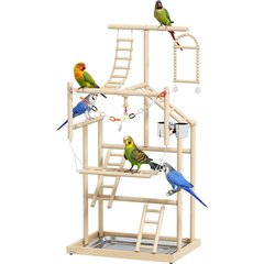 PawHut Playground 4 Layer Wooden Parrot Play Stand with Ladders, Chain Toy, Stainless Steel Cups & Tray, Natural Wood, 18.9 x 15 x 37.4-in