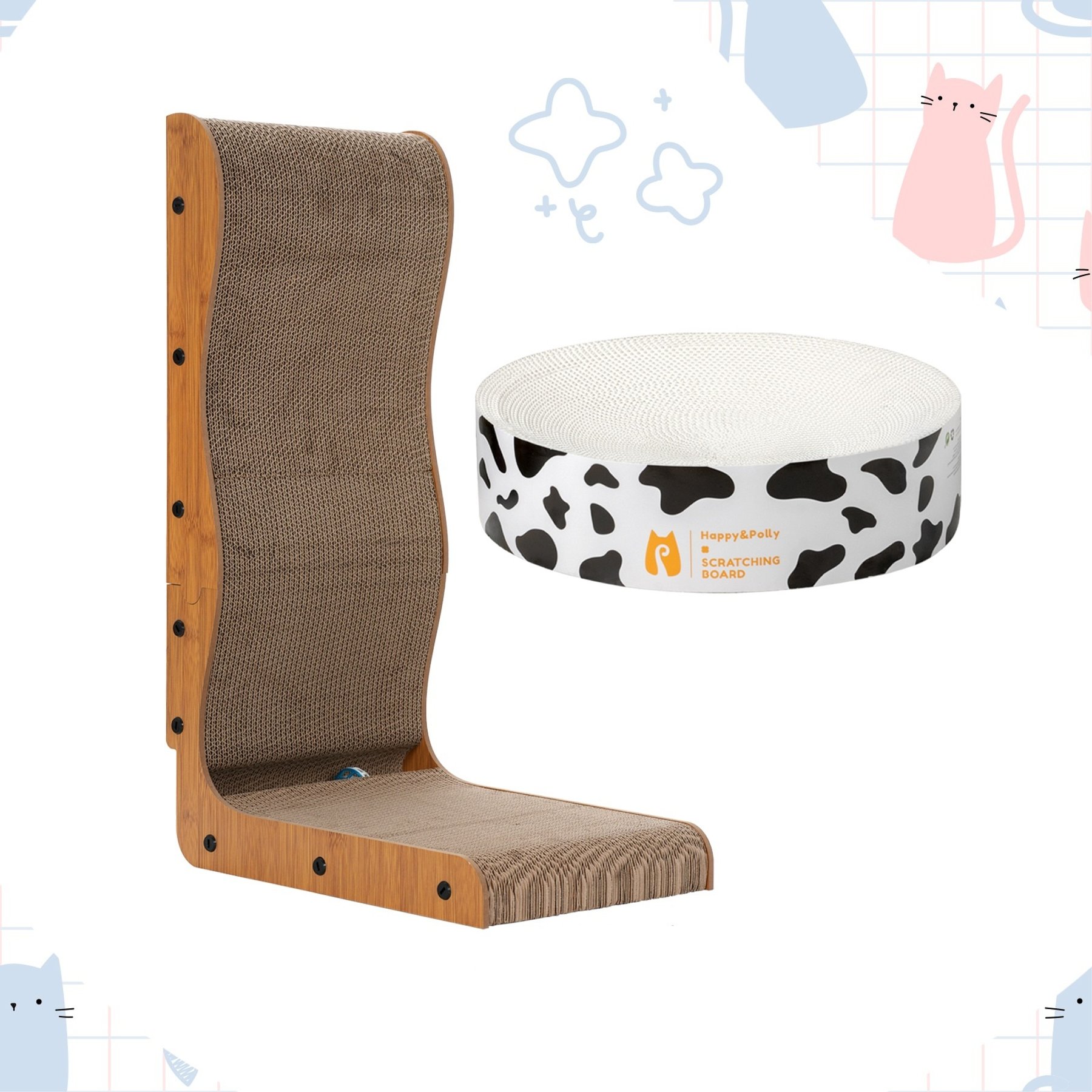 Happy & Polly L-Shape + Round Duo Cat Scratching Toy Set, 2 count, White