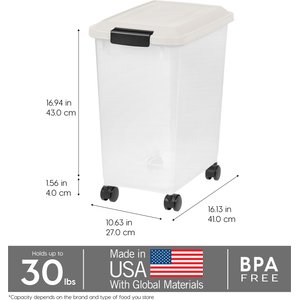 IRIS WeatherPro Airtight Attachable Wheels Dog, Cat & Bird Food Storage Container, White & Clear, 30-lb