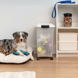 IRIS WeatherPro Airtight Attachable Wheels Dog, Cat & Bird Food Storage Container, White & Clear, 30-lb