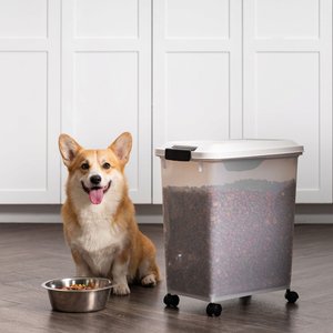 IRIS WeatherPro Airtight Attachable Wheels Dog, Cat & Bird Food Storage Container, White & Clear, 30-lb
