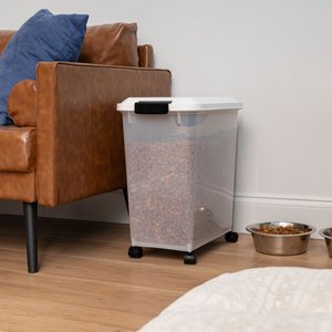 IRIS WeatherPro Airtight Attachable Wheels Dog, Cat & Bird Food Storage Container, White & Clear, 30-lb
