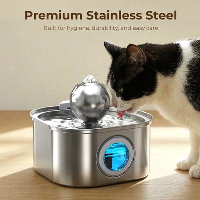 Show full view: HINTON Stainless Steel Advanced Filtration Quiet Pump Water Fountain for Small Dogs & Cats with Spherical Water Spout, Silver, 3.2-L slide 7 of 8
